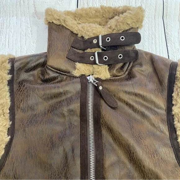 7 For All Mankind Brown Faux Leather Vest with Shearling Trim XS - Picture 4 of 14